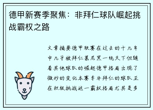 德甲新赛季聚焦：非拜仁球队崛起挑战霸权之路
