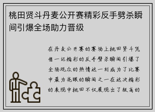 桃田贤斗丹麦公开赛精彩反手劈杀瞬间引爆全场助力晋级
