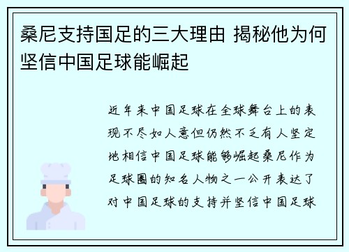 桑尼支持国足的三大理由 揭秘他为何坚信中国足球能崛起